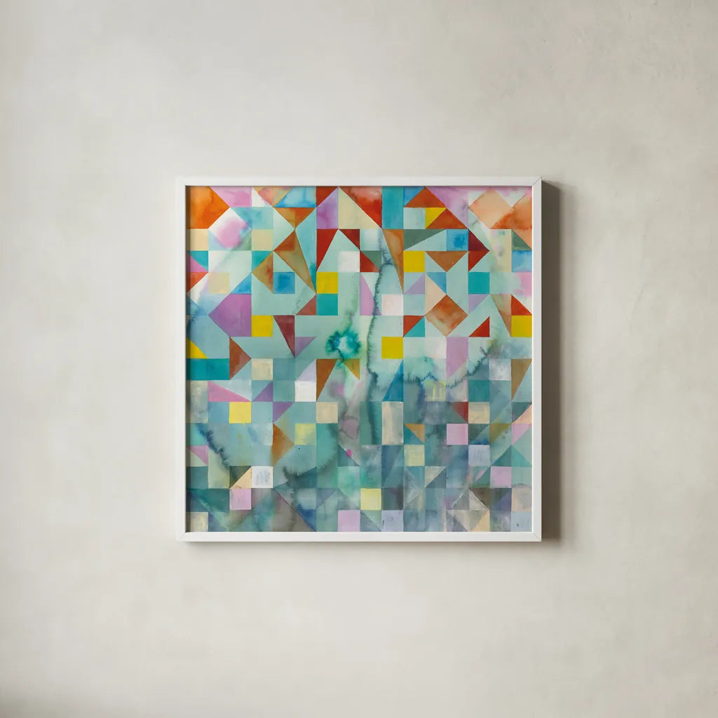 Modern Patchwork by Danhui Nai. Shown in a crisp white glass frame for a clean and minimalist style. Available as an archival giclee rolled canvas, fine art paper, or poster print. SKU 36017a.