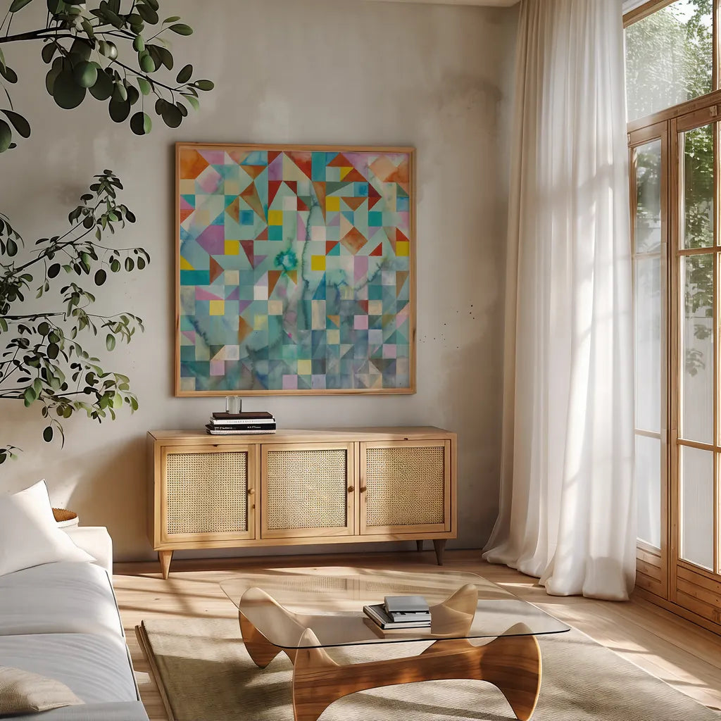 Modern Patchwork by Danhui Nai. Shown in a natural wood frame in a cozy modern living room. Available as an archival giclee rolled canvas, fine art paper, or poster print. SKU 36017a.