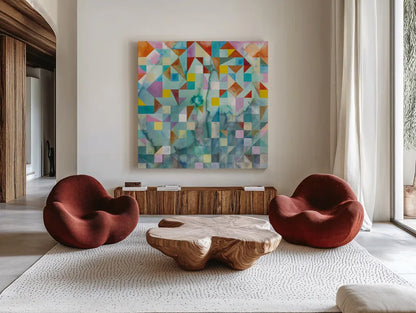 Modern Patchwork by Danhui Nai. Shown as extra-large giant wall art in a modern living room. Available as an archival giclee rolled canvas, fine art paper, or poster print. SKU 36017a.