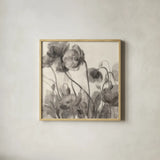 Monochromatic Poppies by Danhui Nai. Shown in a natural wood glass frame for a timeless modern aesthetic. Available as an archival giclee rolled canvas, fine art paper, or poster print. SKU 99979a.
