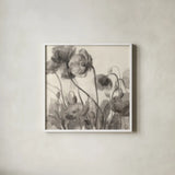 Monochromatic Poppies by Danhui Nai. Shown in a crisp white glass frame for a clean and minimalist style. Available as an archival giclee rolled canvas, fine art paper, or poster print. SKU 99979a.