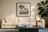 Monochromatic Poppies by Danhui Nai. Displayed in a glass frame with matte in a clean modern living room. Available as an archival giclee rolled canvas, fine art paper, or poster print. SKU 99979a.