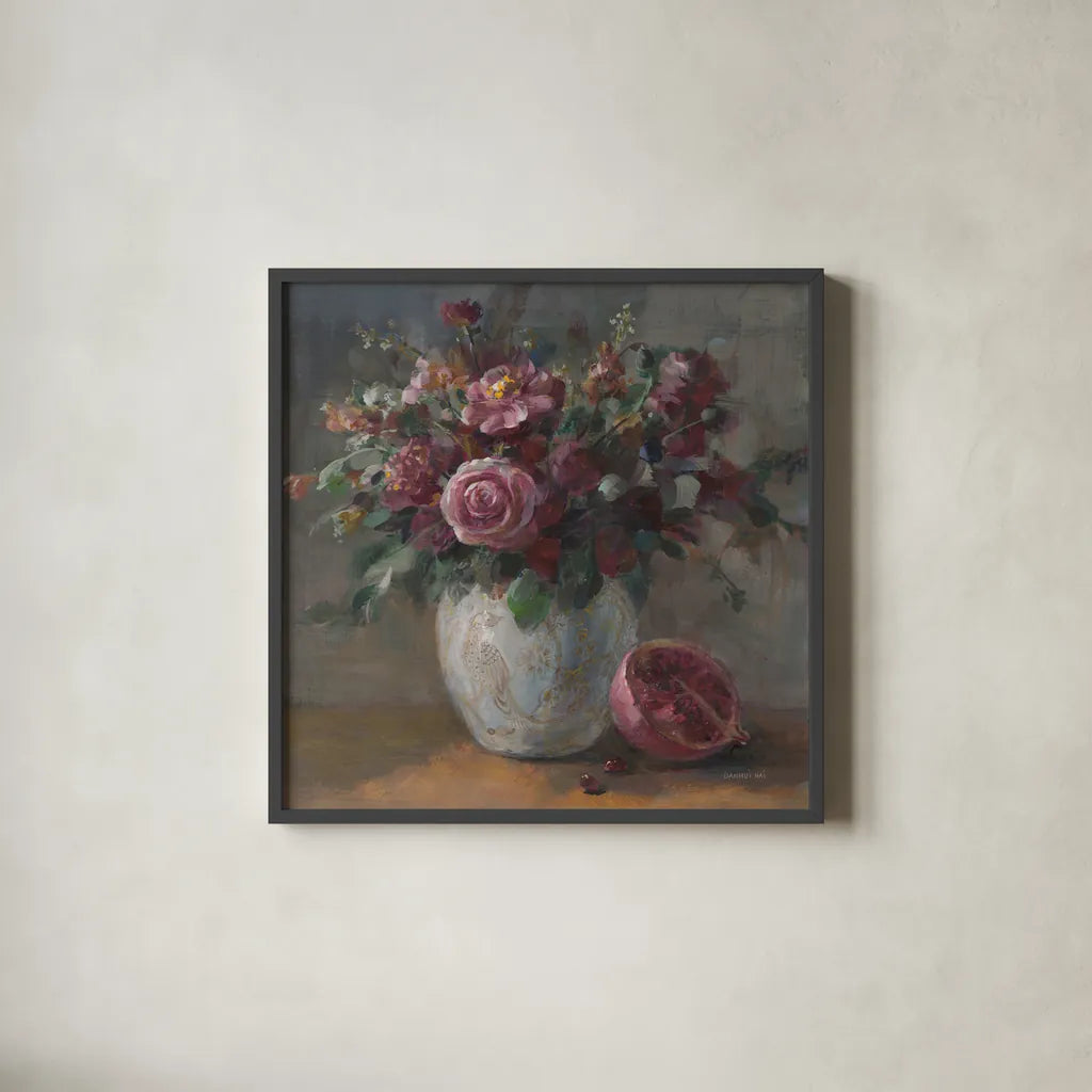 Moody Rich Fall Florals by Danhui Nai. Shown in a sleek black glass frame for a contemporary gallery look. Available as an archival giclee rolled canvas, fine art paper, or poster print. SKU 87818a.