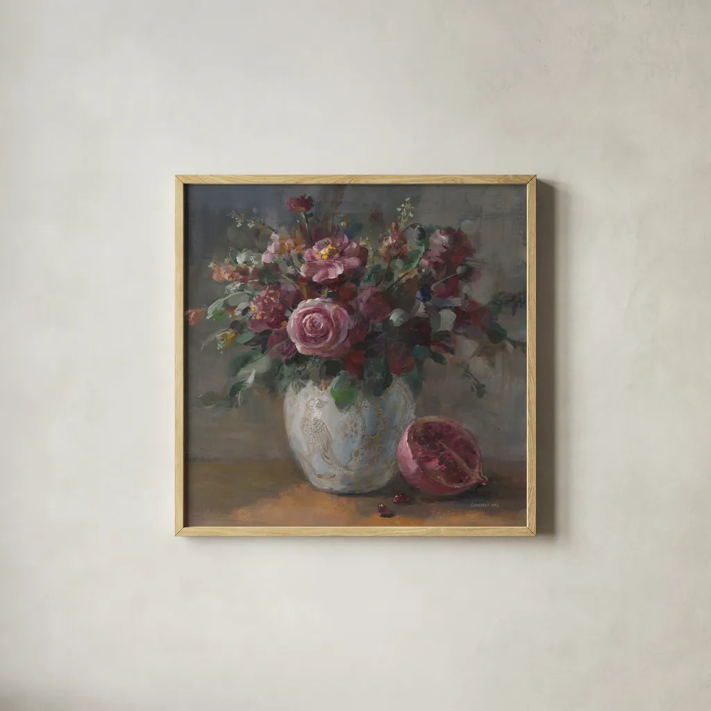 Moody Rich Fall Florals by Danhui Nai. Shown in a natural wood glass frame for a timeless modern aesthetic. Available as an archival giclee rolled canvas, fine art paper, or poster print. SKU 87818a.