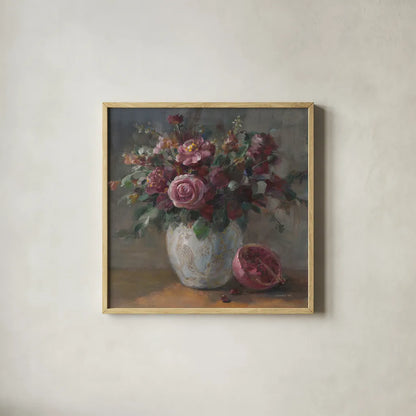 Moody Rich Fall Florals by Danhui Nai. Shown in a natural wood glass frame for a timeless modern aesthetic. Available as an archival giclee rolled canvas, fine art paper, or poster print. SKU 87818a.