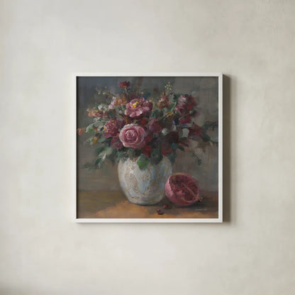 Moody Rich Fall Florals by Danhui Nai. Shown in a crisp white glass frame for a clean and minimalist style. Available as an archival giclee rolled canvas, fine art paper, or poster print. SKU 87818a.