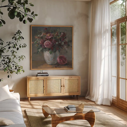 Moody Rich Fall Florals by Danhui Nai. Shown in a natural wood frame in a cozy modern living room. Available as an archival giclee rolled canvas, fine art paper, or poster print. SKU 87818a.