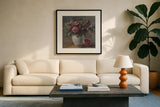 Moody Rich Fall Florals by Danhui Nai. Displayed in a glass frame with matte in a clean modern living room. Available as an archival giclee rolled canvas, fine art paper, or poster print. SKU 87818a.