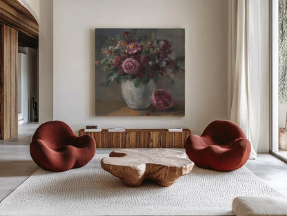 Moody Rich Fall Florals by Danhui Nai. Shown as extra-large giant wall art in a modern living room. Available as an archival giclee rolled canvas, fine art paper, or poster print. SKU 87818a.