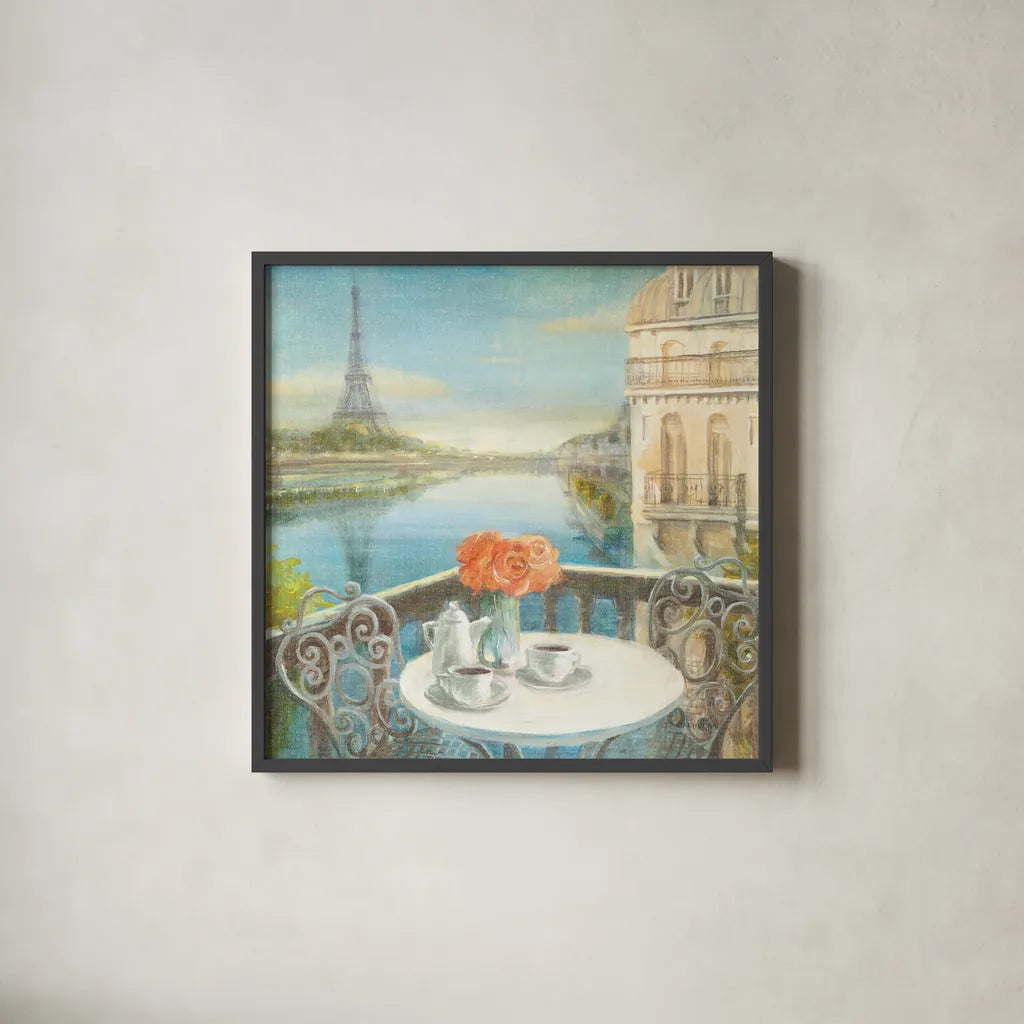 Morning on the Seine Crop by Danhui Nai. Shown in a sleek black glass frame for a contemporary gallery look. Available as an archival giclee rolled canvas, fine art paper, or poster print. SKU 12595a.
