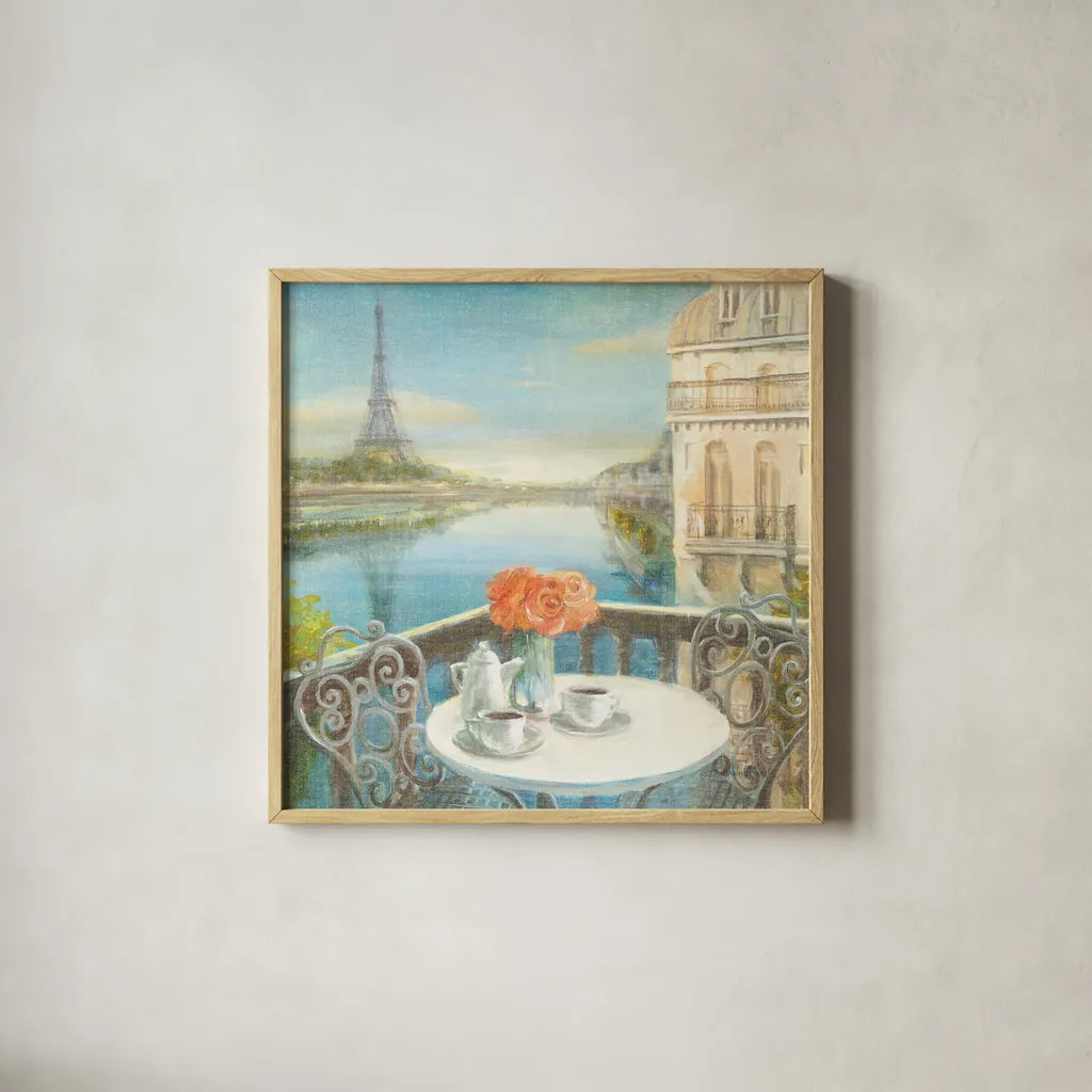 Morning on the Seine Crop by Danhui Nai. Shown in a natural wood glass frame for a timeless modern aesthetic. Available as an archival giclee rolled canvas, fine art paper, or poster print. SKU 12595a.