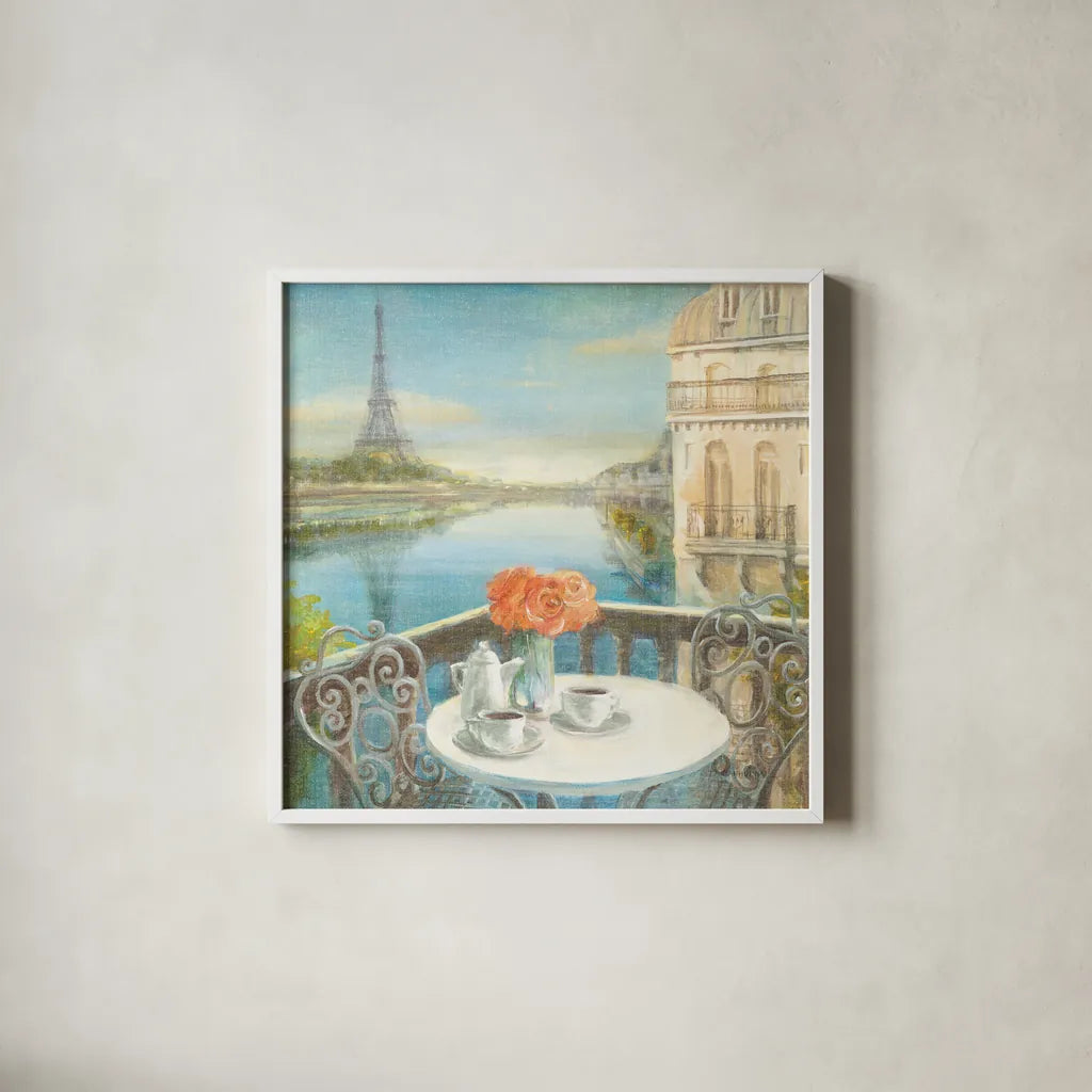 Morning on the Seine Crop by Danhui Nai. Shown in a crisp white glass frame for a clean and minimalist style. Available as an archival giclee rolled canvas, fine art paper, or poster print. SKU 12595a.