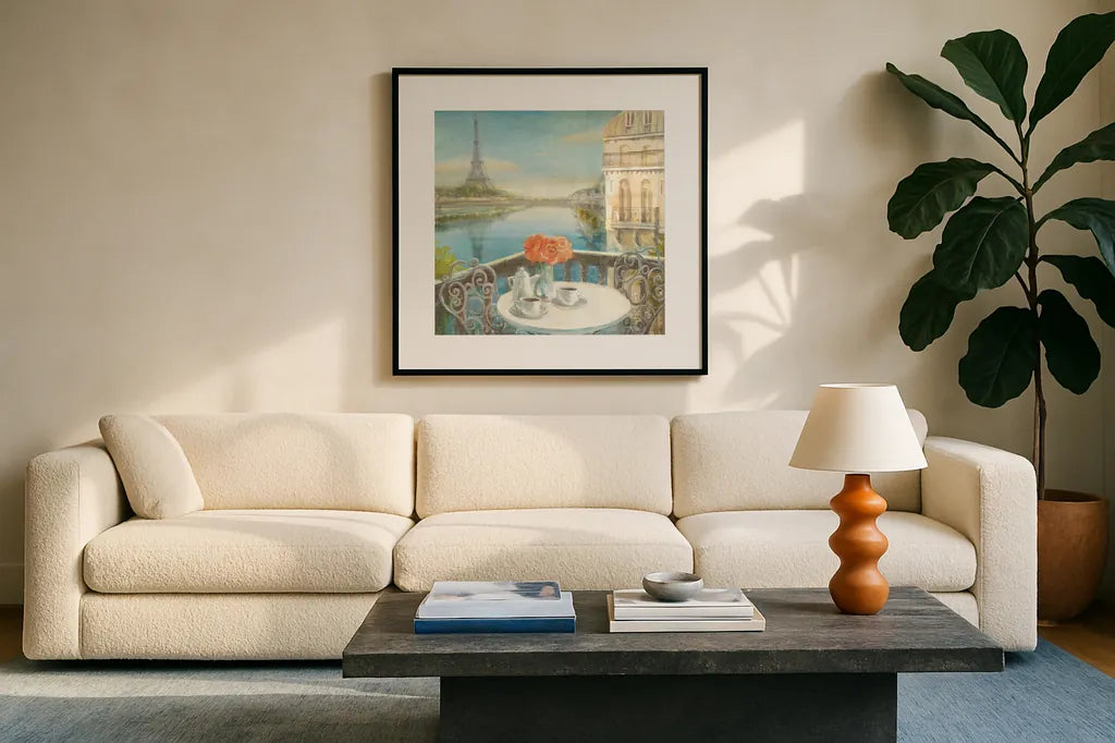 Morning on the Seine Crop by Danhui Nai. Displayed in a glass frame with matte in a clean modern living room. Available as an archival giclee rolled canvas, fine art paper, or poster print. SKU 12595a.