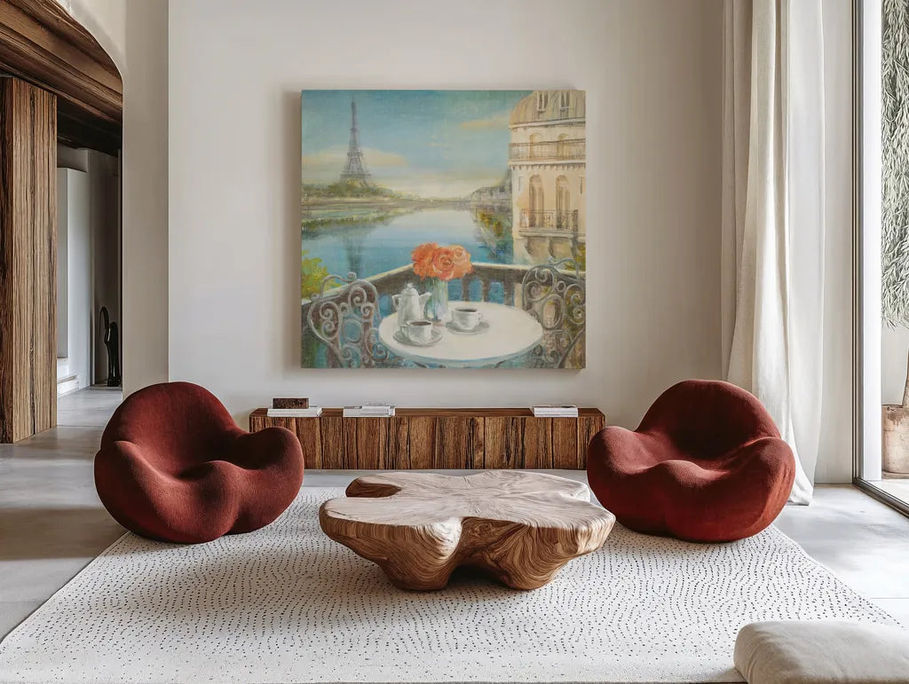 Morning on the Seine Crop by Danhui Nai. Shown as extra-large giant wall art in a modern living room. Available as an archival giclee rolled canvas, fine art paper, or poster print. SKU 12595a.
