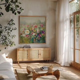Mountain Meadows by Danhui Nai. Shown in a natural wood frame in a cozy modern living room. Available as an archival giclee rolled canvas, fine art paper, or poster print. SKU 54071a.