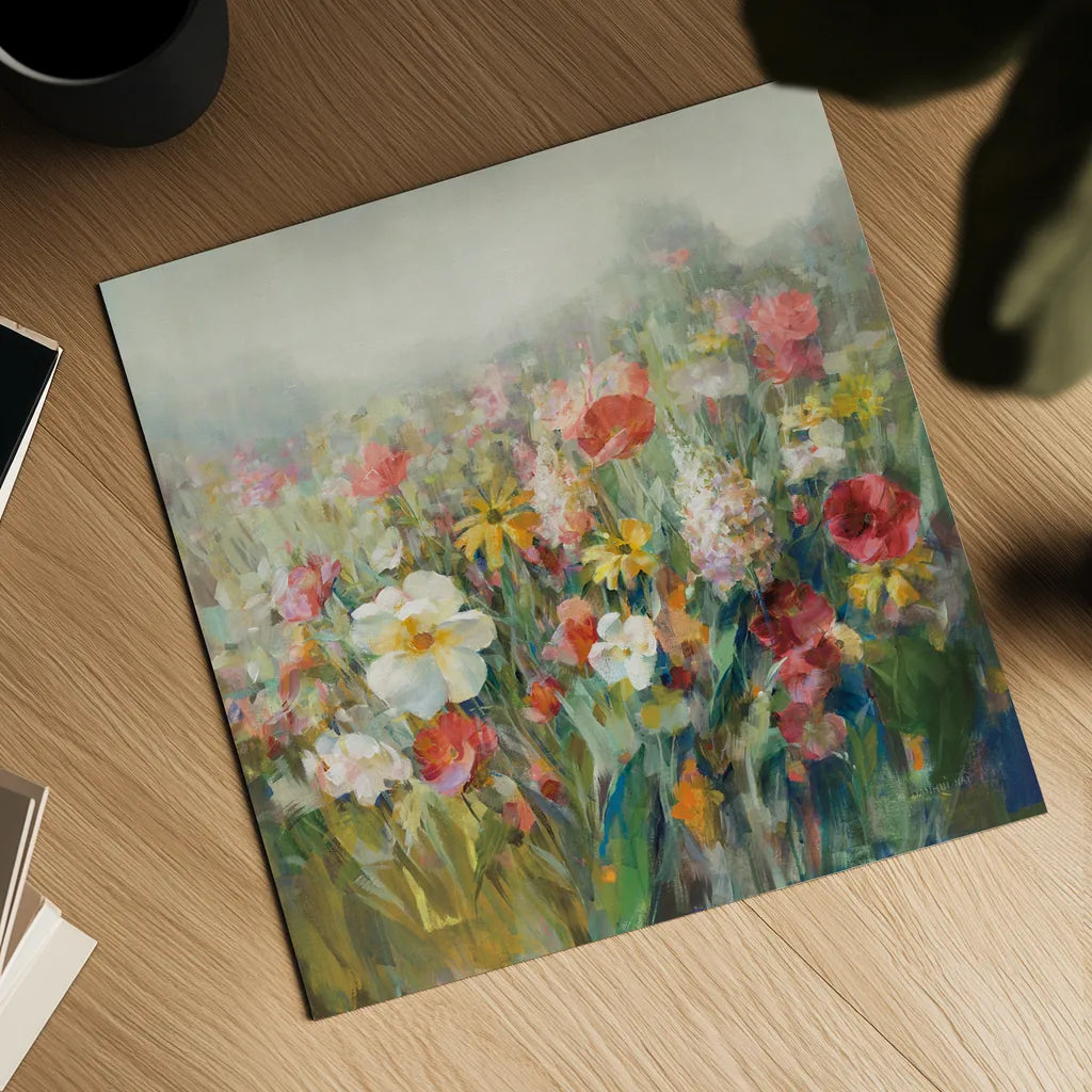 Mountain Meadows Autumn by Danhui Nai. Shown as a detailed flat fine art print, highlighting archival giclee quality. Available as an archival giclee rolled canvas, fine art paper, or poster print. SKU 74470a.