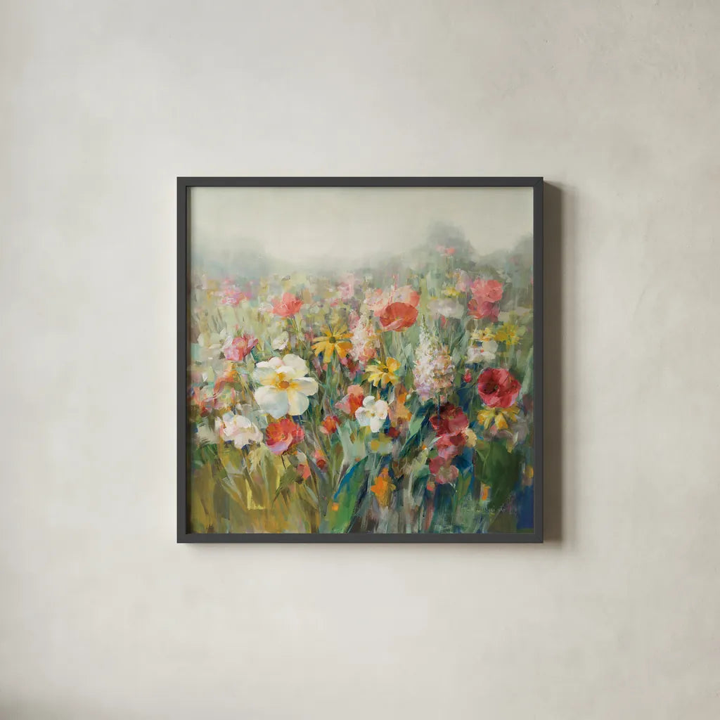 Mountain Meadows Autumn by Danhui Nai. Shown in a sleek black glass frame for a contemporary gallery look. Available as an archival giclee rolled canvas, fine art paper, or poster print. SKU 74470a.