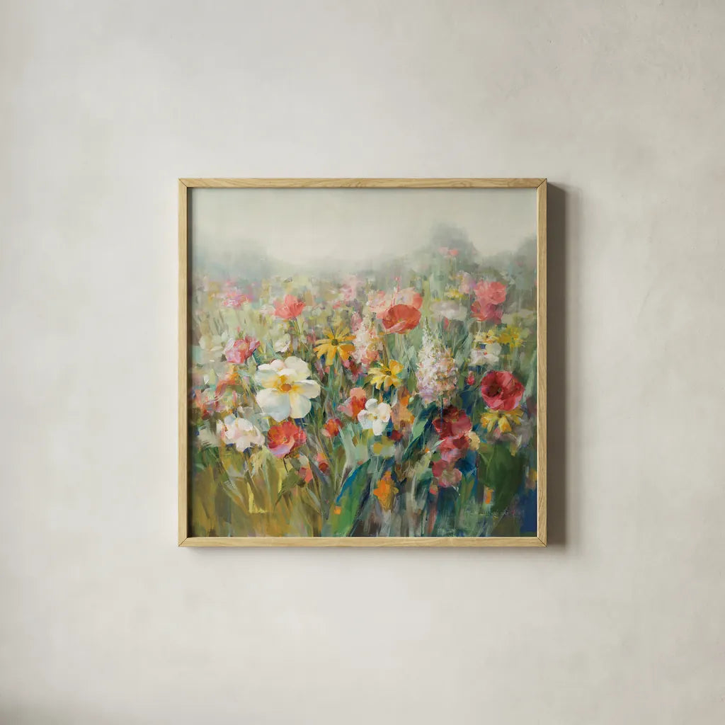 Mountain Meadows Autumn by Danhui Nai. Shown in a natural wood glass frame for a timeless modern aesthetic. Available as an archival giclee rolled canvas, fine art paper, or poster print. SKU 74470a.