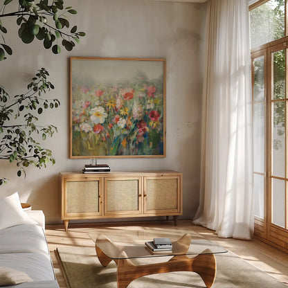 Mountain Meadows Autumn by Danhui Nai. Shown in a natural wood frame in a cozy modern living room. Available as an archival giclee rolled canvas, fine art paper, or poster print. SKU 74470a.