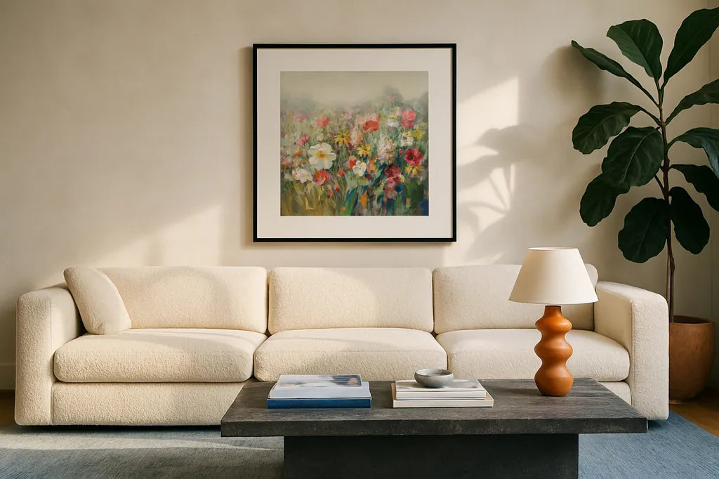 Mountain Meadows Autumn by Danhui Nai. Displayed in a glass frame with matte in a clean modern living room. Available as an archival giclee rolled canvas, fine art paper, or poster print. SKU 74470a.