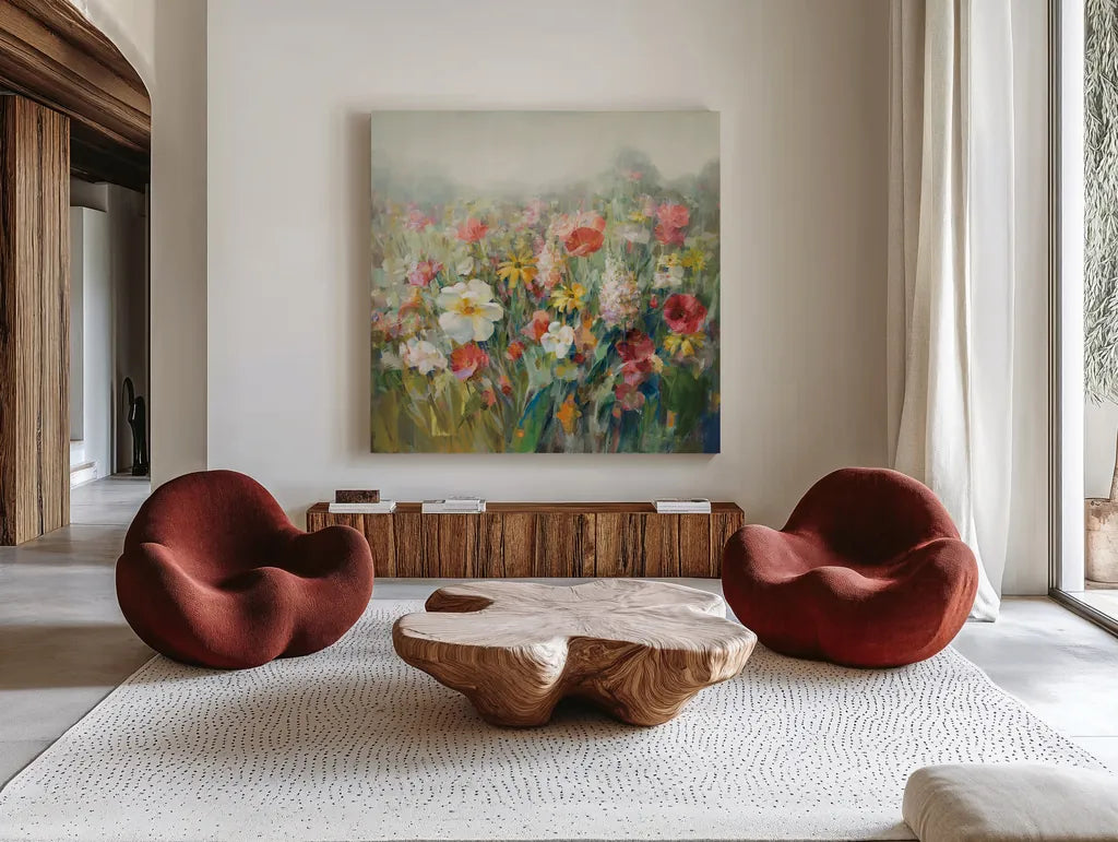 Mountain Meadows Autumn by Danhui Nai. Shown as extra-large giant wall art in a modern living room. Available as an archival giclee rolled canvas, fine art paper, or poster print. SKU 74470a.