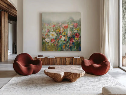 Mountain Meadows Autumn by Danhui Nai. Shown as extra-large giant wall art in a modern living room. Available as an archival giclee rolled canvas, fine art paper, or poster print. SKU 74470a.