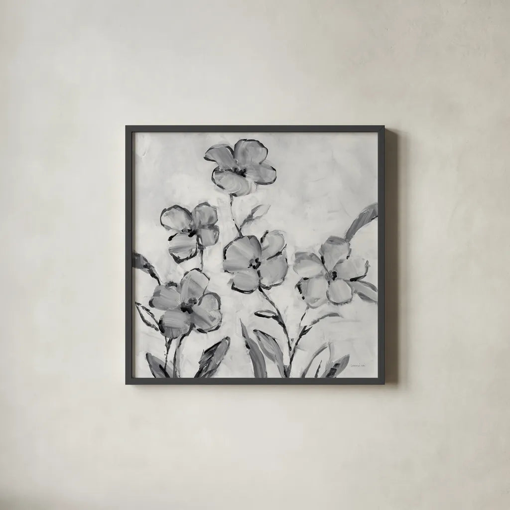 Muted Bloom by Danhui Nai. Shown in a sleek black glass frame for a contemporary gallery look. Available as an archival giclee rolled canvas, fine art paper, or poster print. SKU 92025a.