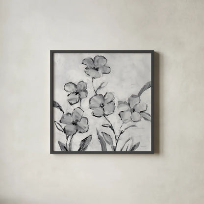 Muted Bloom by Danhui Nai. Shown in a sleek black glass frame for a contemporary gallery look. Available as an archival giclee rolled canvas, fine art paper, or poster print. SKU 92025a.