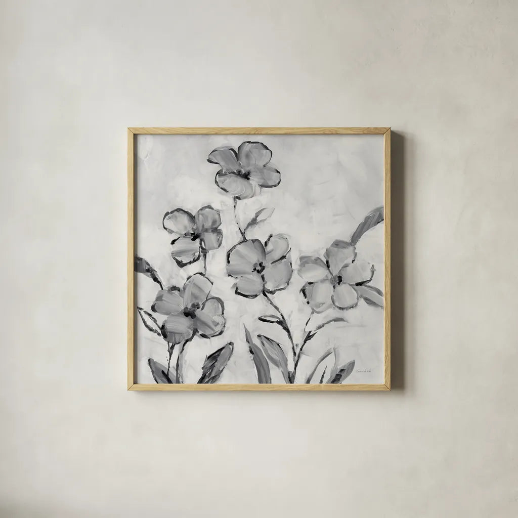 Muted Bloom by Danhui Nai. Shown in a natural wood glass frame for a timeless modern aesthetic. Available as an archival giclee rolled canvas, fine art paper, or poster print. SKU 92025a.