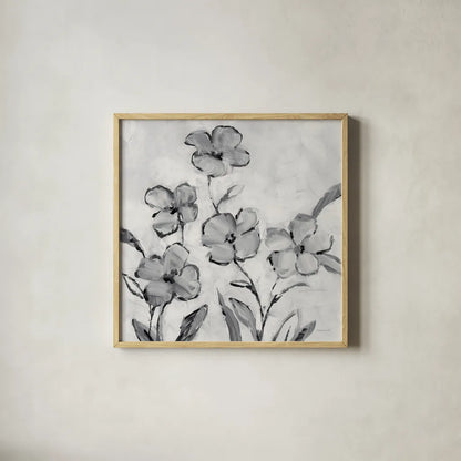 Muted Bloom by Danhui Nai. Shown in a natural wood glass frame for a timeless modern aesthetic. Available as an archival giclee rolled canvas, fine art paper, or poster print. SKU 92025a.