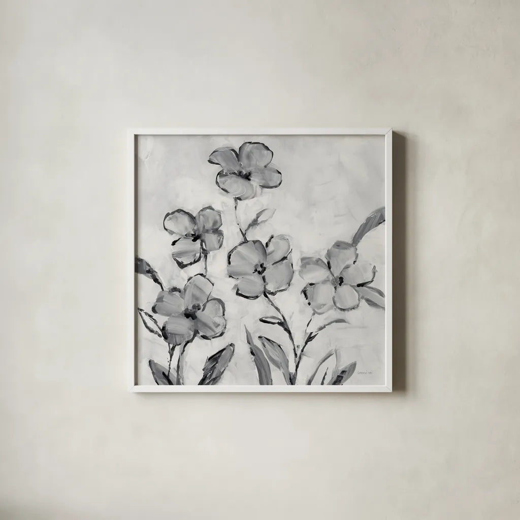 Muted Bloom by Danhui Nai. Shown in a crisp white glass frame for a clean and minimalist style. Available as an archival giclee rolled canvas, fine art paper, or poster print. SKU 92025a.