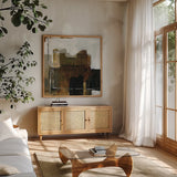 Natural Abstract I by Danhui Nai. Shown in a natural wood frame in a cozy modern living room. Available as an archival giclee rolled canvas, fine art paper, or poster print. SKU 98038a.