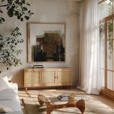 Natural Abstract II by Danhui Nai. Shown in a natural wood frame in a cozy modern living room. Available as an archival giclee rolled canvas, fine art paper, or poster print. SKU 98039a.