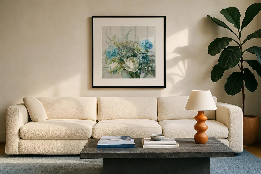 Natural Elegance Crop by Danhui Nai. Displayed in a glass frame with matte in a clean modern living room. Available as an archival giclee rolled canvas, fine art paper, or poster print. SKU 37348a.