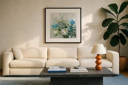 Natural Elegance Crop by Danhui Nai. Displayed in a glass frame with matte in a clean modern living room. Available as an archival giclee rolled canvas, fine art paper, or poster print. SKU 37348a.