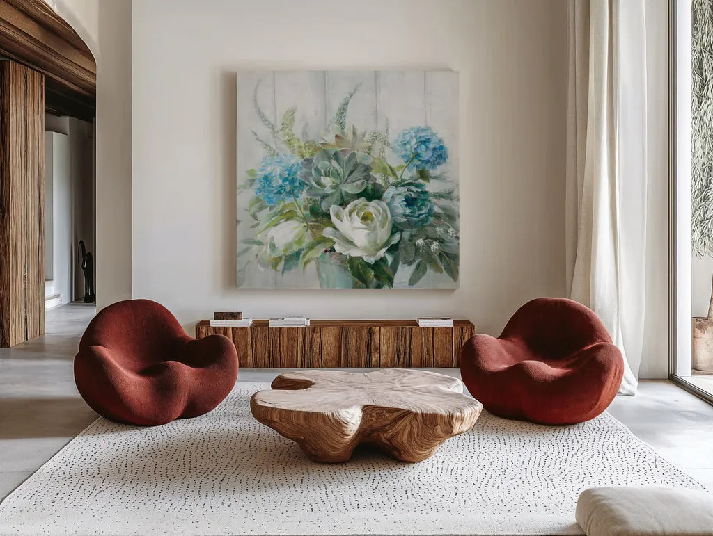 Natural Elegance Crop by Danhui Nai. Shown as extra-large giant wall art in a modern living room. Available as an archival giclee rolled canvas, fine art paper, or poster print. SKU 37348a.