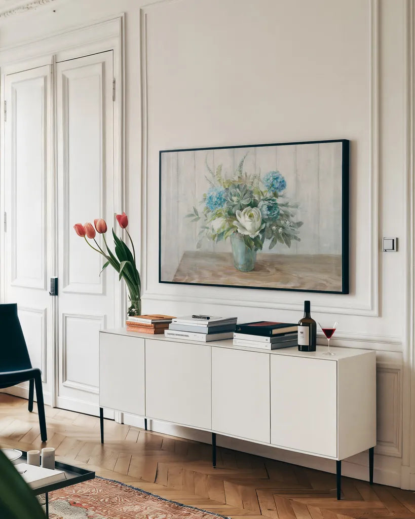 Natural Elegance Crop by Danhui Nai. shown as a framed stretched canvas in a living room above a console. Available as a archival giclee rolled canvas, fine art paper, or poster print. SKU 37348i.