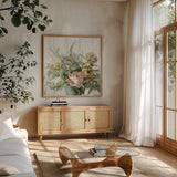 Natural Elegance Fall Crop by Danhui Nai. Shown in a natural wood frame in a cozy modern living room. Available as an archival giclee rolled canvas, fine art paper, or poster print. SKU 58735a.
