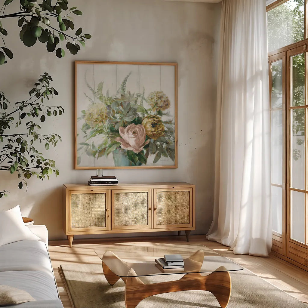 Natural Elegance Fall Crop by Danhui Nai. Shown in a natural wood frame in a cozy modern living room. Available as an archival giclee rolled canvas, fine art paper, or poster print. SKU 58735a.