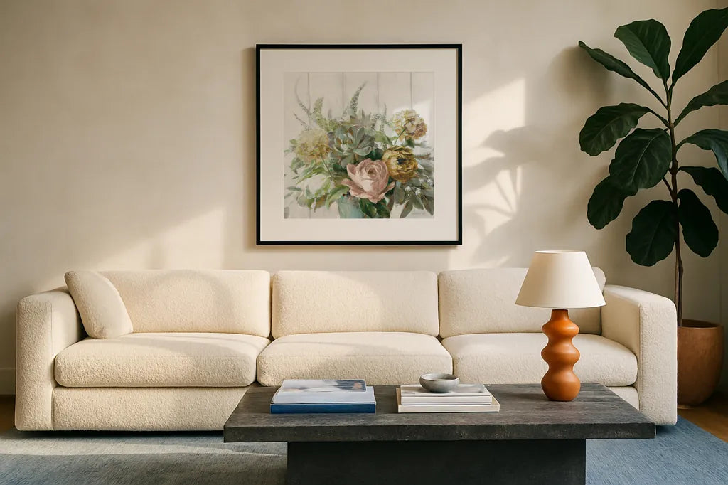 Natural Elegance Fall Crop by Danhui Nai. Displayed in a glass frame with matte in a clean modern living room. Available as an archival giclee rolled canvas, fine art paper, or poster print. SKU 58735a.