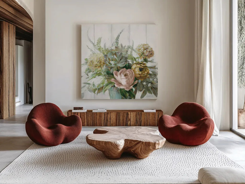Natural Elegance Fall Crop by Danhui Nai. Shown as extra-large giant wall art in a modern living room. Available as an archival giclee rolled canvas, fine art paper, or poster print. SKU 58735a.