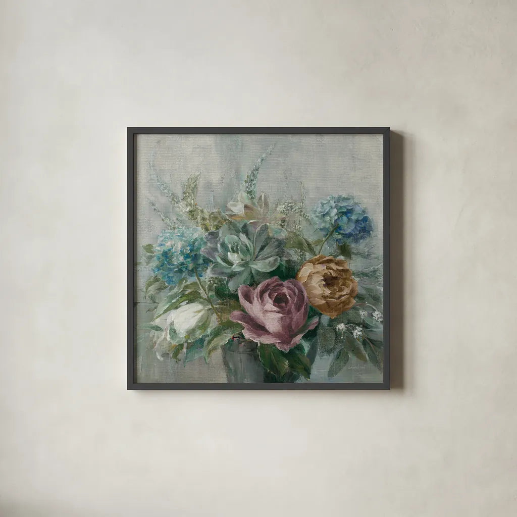 Natural Elegance Fall Dark on Gray Crop by Danhui Nai. Shown in a sleek black glass frame for a contemporary gallery look. Available as an archival giclee rolled canvas, fine art paper, or poster print. SKU 87819a.