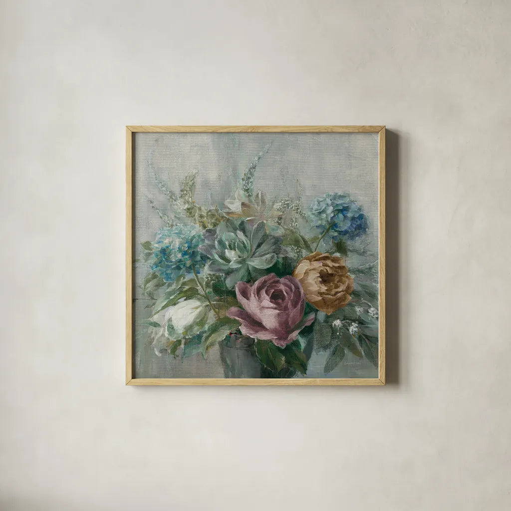 Natural Elegance Fall Dark on Gray Crop by Danhui Nai. Shown in a natural wood glass frame for a timeless modern aesthetic. Available as an archival giclee rolled canvas, fine art paper, or poster print. SKU 87819a.