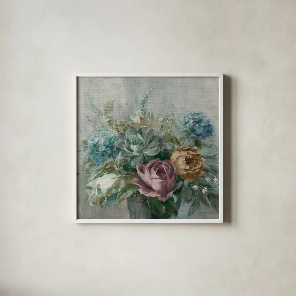Natural Elegance Fall Dark on Gray Crop by Danhui Nai. Shown in a crisp white glass frame for a clean and minimalist style. Available as an archival giclee rolled canvas, fine art paper, or poster print. SKU 87819a.