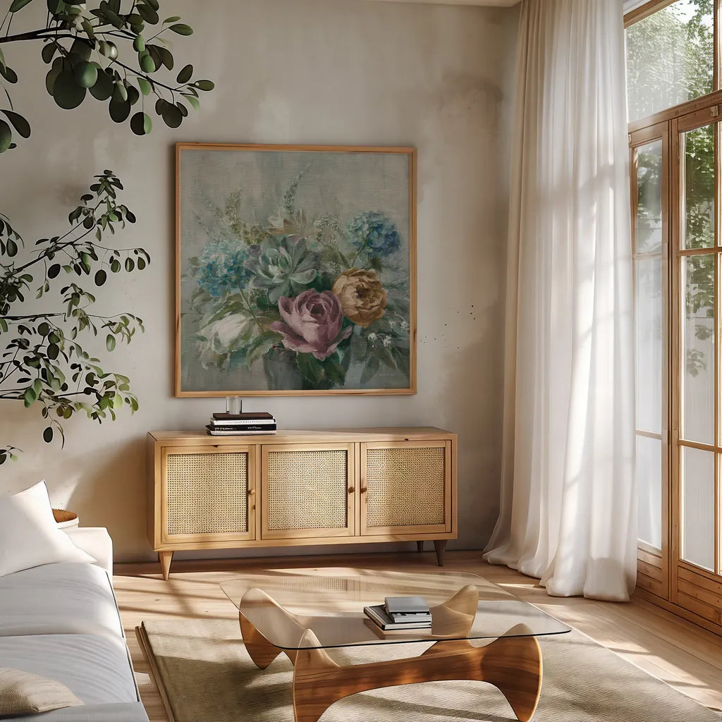 Natural Elegance Fall Dark on Gray Crop by Danhui Nai. Shown in a natural wood frame in a cozy modern living room. Available as an archival giclee rolled canvas, fine art paper, or poster print. SKU 87819a.