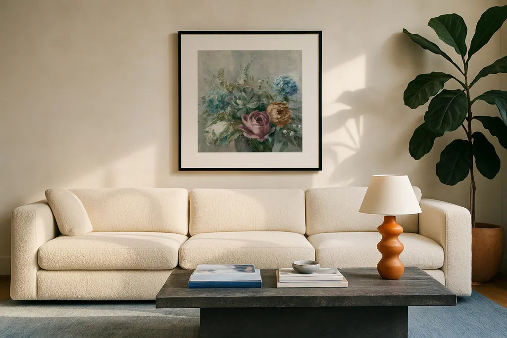Natural Elegance Fall Dark on Gray Crop by Danhui Nai. Displayed in a glass frame with matte in a clean modern living room. Available as an archival giclee rolled canvas, fine art paper, or poster print. SKU 87819a.