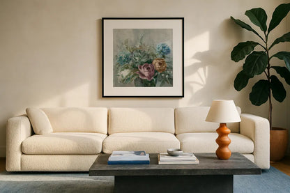 Natural Elegance Fall Dark on Gray Crop by Danhui Nai. Displayed in a glass frame with matte in a clean modern living room. Available as an archival giclee rolled canvas, fine art paper, or poster print. SKU 87819a.