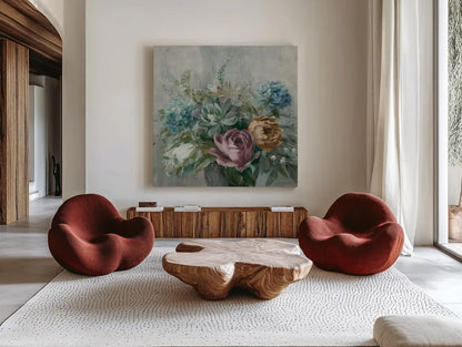 Natural Elegance Fall Dark on Gray Crop by Danhui Nai. Shown as extra-large giant wall art in a modern living room. Available as an archival giclee rolled canvas, fine art paper, or poster print. SKU 87819a.
