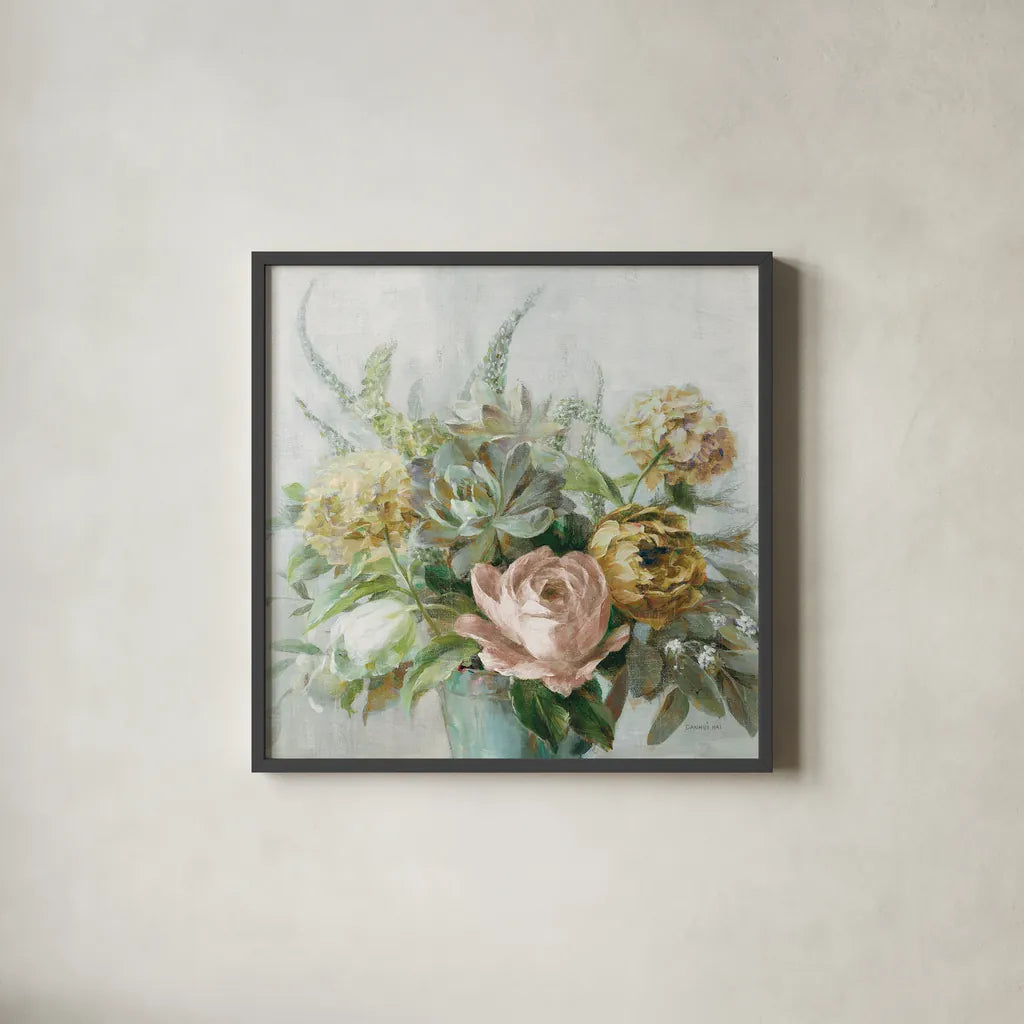 Natural Elegance Fall on Gray Crop by Danhui Nai. Shown in a sleek black glass frame for a contemporary gallery look. Available as an archival giclee rolled canvas, fine art paper, or poster print. SKU 85826a.