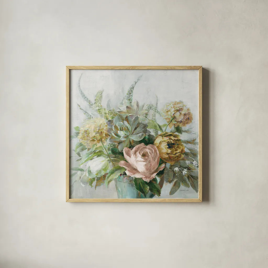Natural Elegance Fall on Gray Crop by Danhui Nai. Shown in a natural wood glass frame for a timeless modern aesthetic. Available as an archival giclee rolled canvas, fine art paper, or poster print. SKU 85826a.